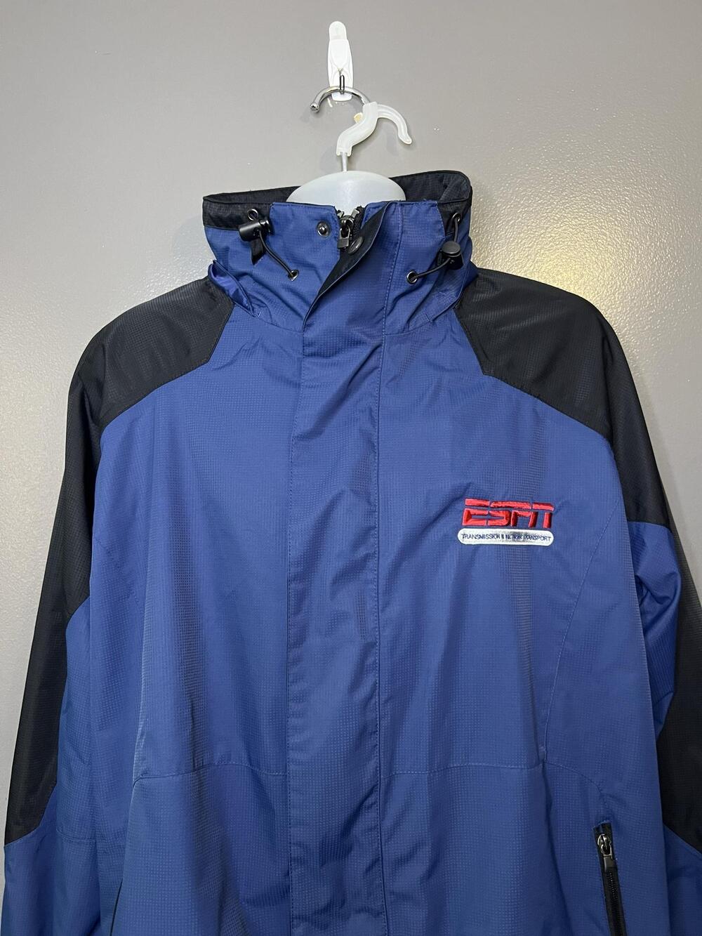 ESPN Jacket Mens XL Blue Black Hooded Full Zip Windbreaker Logo Lined